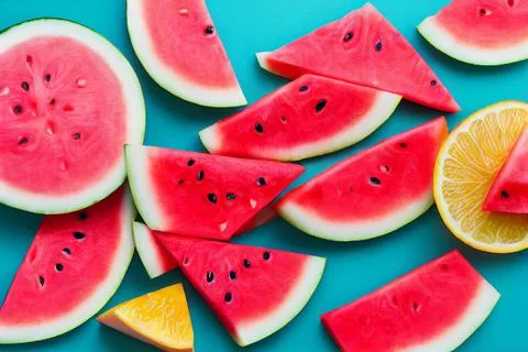 Beautiful pattern with watermelon slices on blue bright background. top view. Stock Illustration