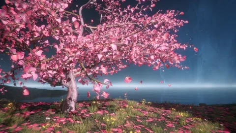 The beautiful peach tree stage background plays in a loop during the night. Video stock 333569745