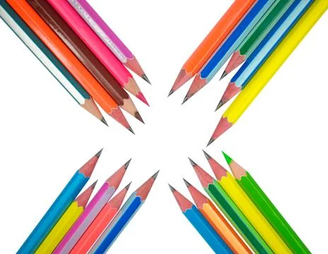 Beautiful pencil pattern made with different colored wood pencil crayons on w Stock Photos