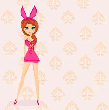 Beautiful pin-up girl-bunny in retro style on the abstract background Stock Illustration