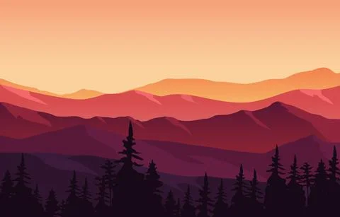 Beautiful Pine Forest Mountain Panorama Landscape Flat Illustration Stock Illustration