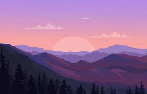 Beautiful Pine Forest Mountain Panorama Landscape Flat Illustration Stock Illustration