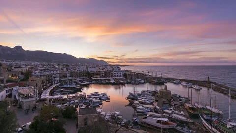 Beautiful pink  clouds during sunset over Kyrenia, Cyprus. 4K time-lapse footage 스톡 동영상 82688797