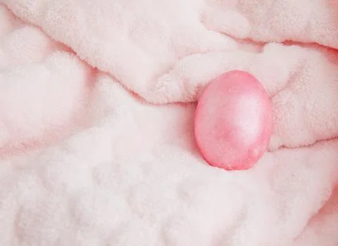 Beautiful pink easter egg. Easter concept on a soft plaid 写真素材