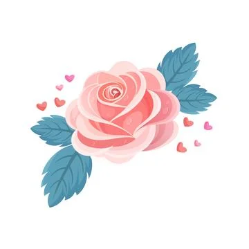 Beautiful Pink Rose Flower Vector Illustration with Water Drops and Tiny He.. Illustrazione stock