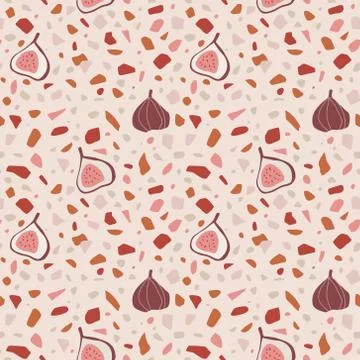 Beautiful pink terrazzo seamless pattern with figs fruit. Decorative granite Stock Illustration