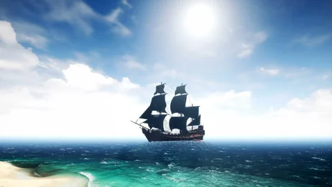 Beautiful pirate ship in the sea. Loopable. 스톡 동영상 93416069