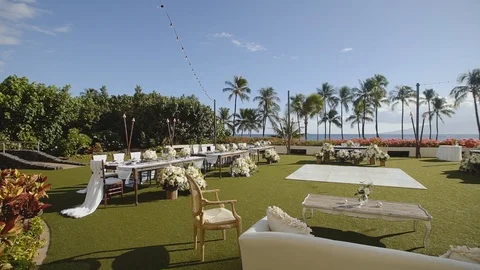 Beautiful place with the wedding tables on the background of tropical nature Stock Footage 101116013