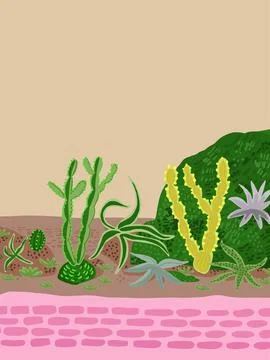Beautiful postcard with cactuses composition. Stylish Mexican landscape Stock Illustration