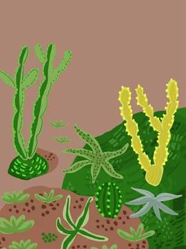 Beautiful postcard with cactuses composition. Stylish Mexican landscape Stock Illustration