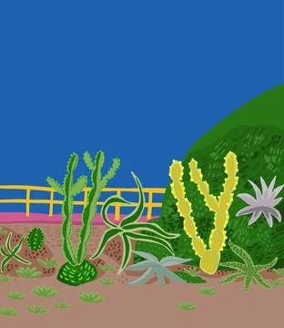 Beautiful postcard with cactuses composition. Stylish Mexican landscape Stock Illustration