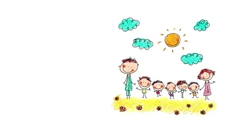 Beautiful postcard image hand drawn by a kid with big happy family of seven Video stock 131047809