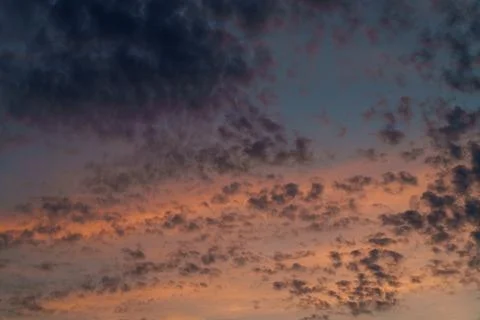 A beautiful pre-sunset sky with light cumulus clouds painted in soft golden Stock Photos