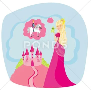 Beautiful princess dreaming of a prince on horse Stock Illustration