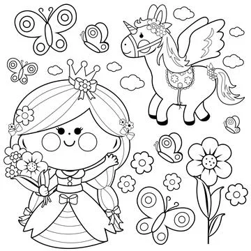 Beautiful princess set. Vector black and white coloring page. Stock Illustration