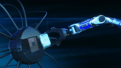Beautiful Process of Installation Processor on Futuristic Circuit Board with Video stock 90652029