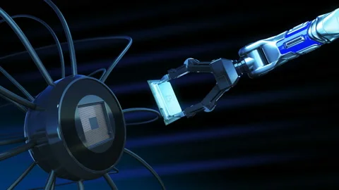 Beautiful Process of Installing Processor on Futuristic Circuit Board by Robot Stock Footage 91040623