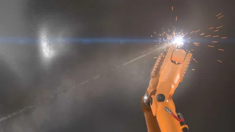 Beautiful Process of Robotic Arm Cutting Metal Sheet with Sparks Stock Footage 89658571