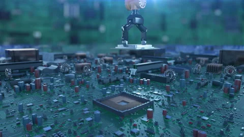 Beautiful Process of Robotic Arm Placing Processor on Circuit Board Stock Footage 89650780