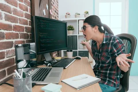 Beautiful programmer woman looking at computer Stock Photos