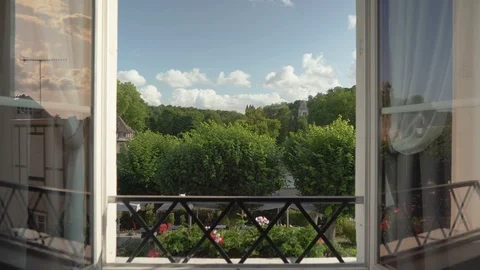 Beautiful push through window to reveal summer morning in France Stock Footage 119535967