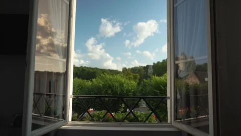 Beautiful push through window to reveal summer morning in France v2 Stock Footage 119536605