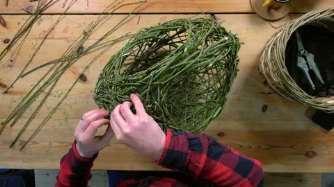 Beautiful Random Weave Abstract Basket Being Woven Timelapse Flat Lay Video stock 253338595