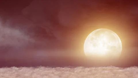 Beautiful realistic flight over cumulus lush clouds in the night moonlight Ilustração Stock