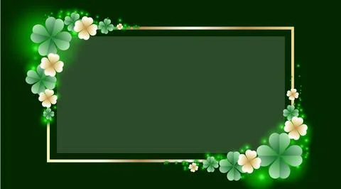 Beautiful rectangular gold frame on a dark background, green and gold clovers. Stock Illustration