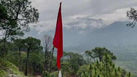Beautiful Red Flag flow in the forest of Palampur area landscape view himach Stock Footage 314772709