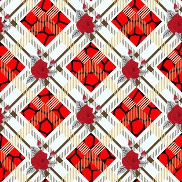 Beautiful red flowers pattern on plaid background. pattern of rose, eps 10 Stock Illustration