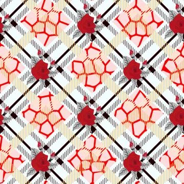 Beautiful red flowers pattern on plaid background. pattern of rose, eps10 Stock Illustration