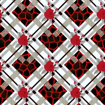 Beautiful red flowers pattern on plaid background. pattern of rose, eps 10 Stock Illustration