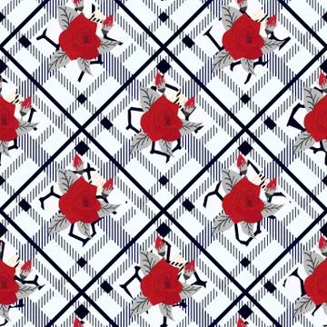 Beautiful red flowers pattern on plaid background. pattern of rose, eps 10 Stock Illustration