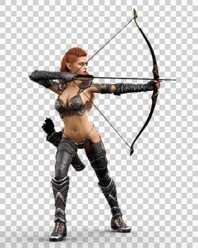 Beautiful red haired dark elf archer woman aiming an arrow at her target. 3D  Illustrazione stock