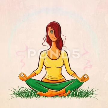 Beautiful red-haired girl doing yoga and meditating on the lawn Stock Illustration