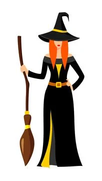 Beautiful red-haired witch in black gold dress and a broom in hand Stock Illustration
