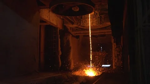 Beautiful red-hot metallic liquid is poured into molds to solidify Stock-Footage 296086348