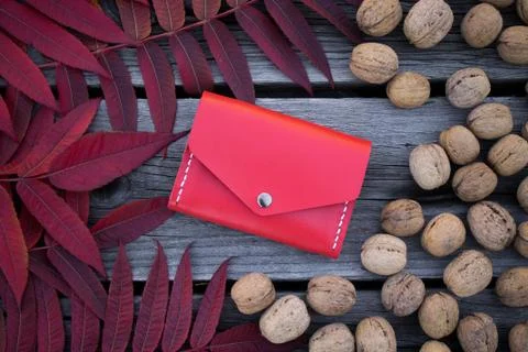 Beautiful red leather wallet on wooden background Stock Photos