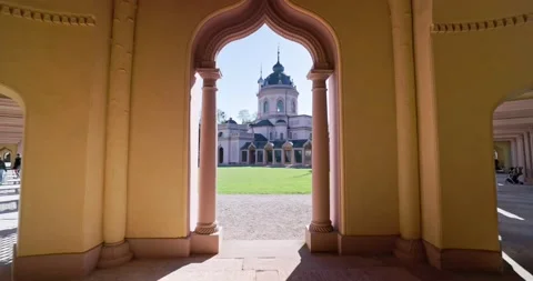 Beautiful Red Mosque in Germany during Spring With Cherry Blossom Stock Footage 183931058