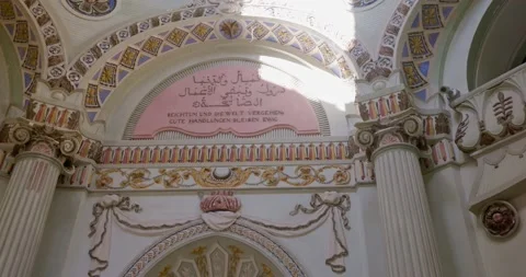 Beautiful Red Mosque in Germany during Spring With Cherry Blossom Stock Footage 183931645