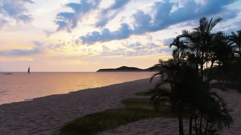 Beautiful red orange clouds sunset dusk palm beach waves paradise vacation scene Vidéo 181449458