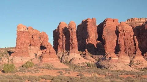 Beautiful red rock sandstone pillar and arch formations in Arches National Park Stock Footage