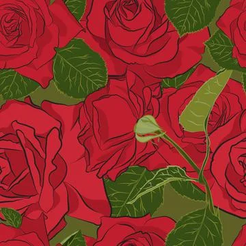 Beautiful red rose seamless pattern. Botanical silhouette of Stock Illustration