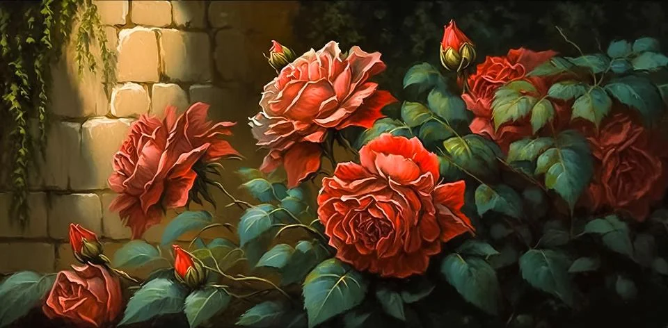 Beautiful red roses on the background of a brick wall. Digital painting. Stock Illustration