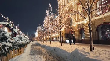 Beautiful Red Square New Year winter decorations, steady shot along night street Stock Footage 85647511