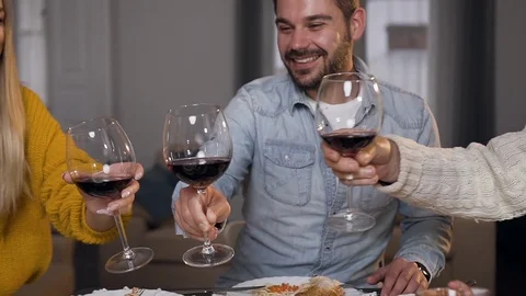 Beautiful relatives clinking glasses with wine and juice while celebraring Stock Footage 119585517