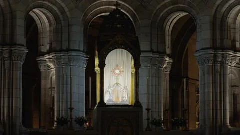 Beautiful Religious Window Display, Dimly Lit, Interior, Montmartre, Paris Stock Footage 241806342