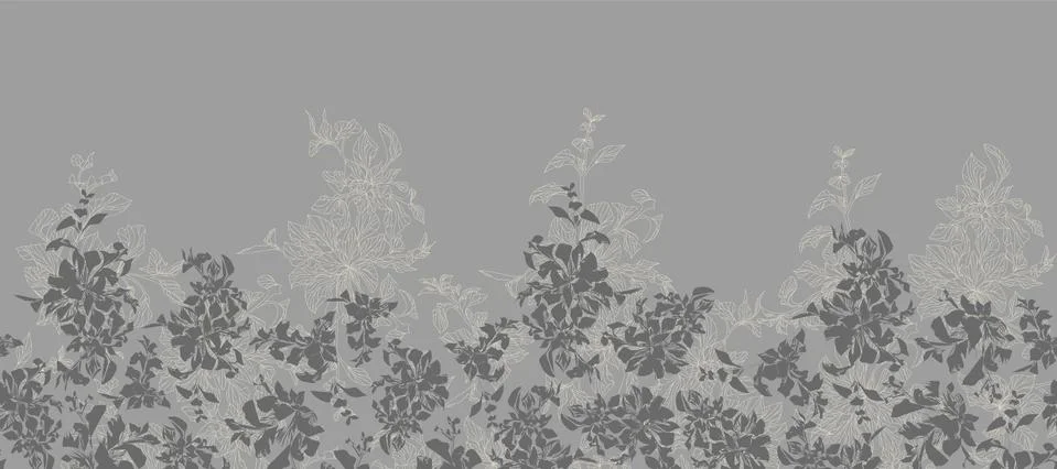 Beautiful repeatable outlined leaves border in grey Stock Illustration