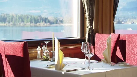 Beautiful restaurant table at lakeshore Stock Footage 71099606